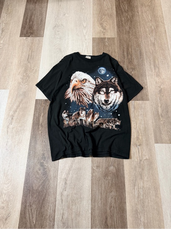Vintage Other - Vintage 90s Black Graphic Tee with Wolf and Eagle Print